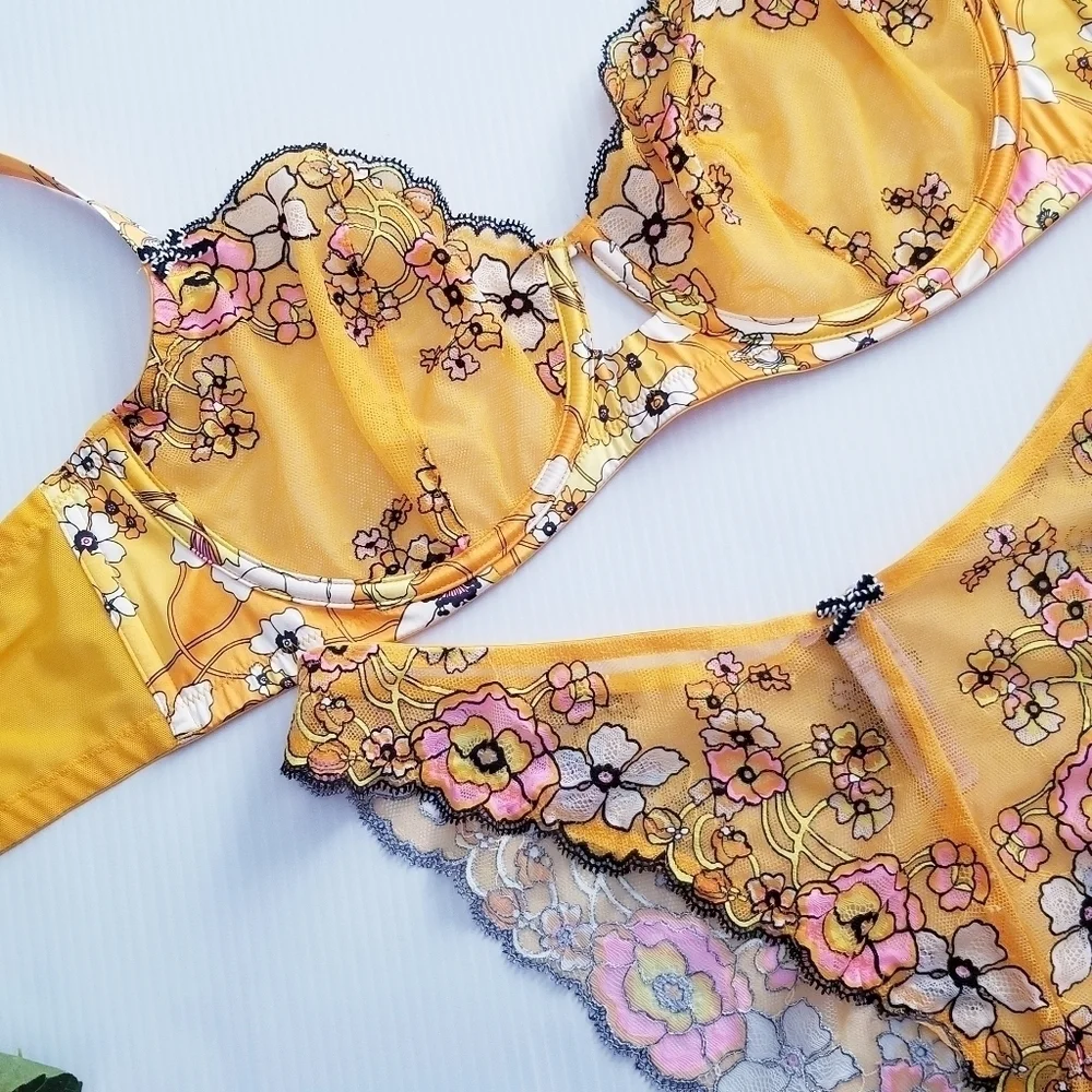 SAVAGE X FENTY Mod Poppy Bra & Panty Set 40D 1X Orange 🍊 Floral Lace